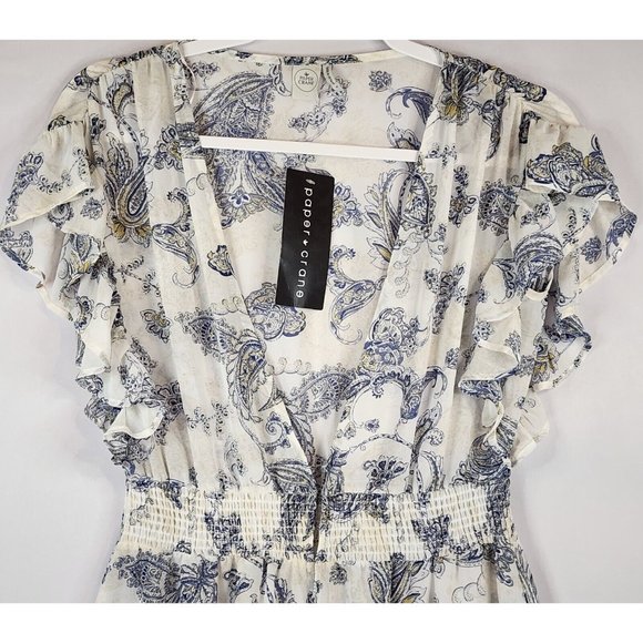Paper Crane Dress Womens Small Blue White Open Front Midi Ruffled Cap Sleeve - Picture 6 of 16